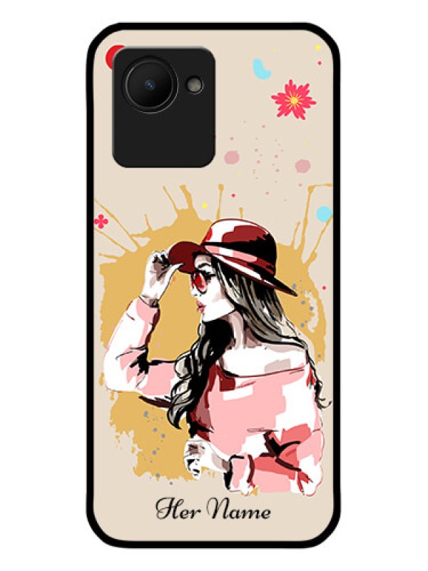 Custom Narzo 50I Prime Photo Printing on Glass Case - Women with pink hat Design
