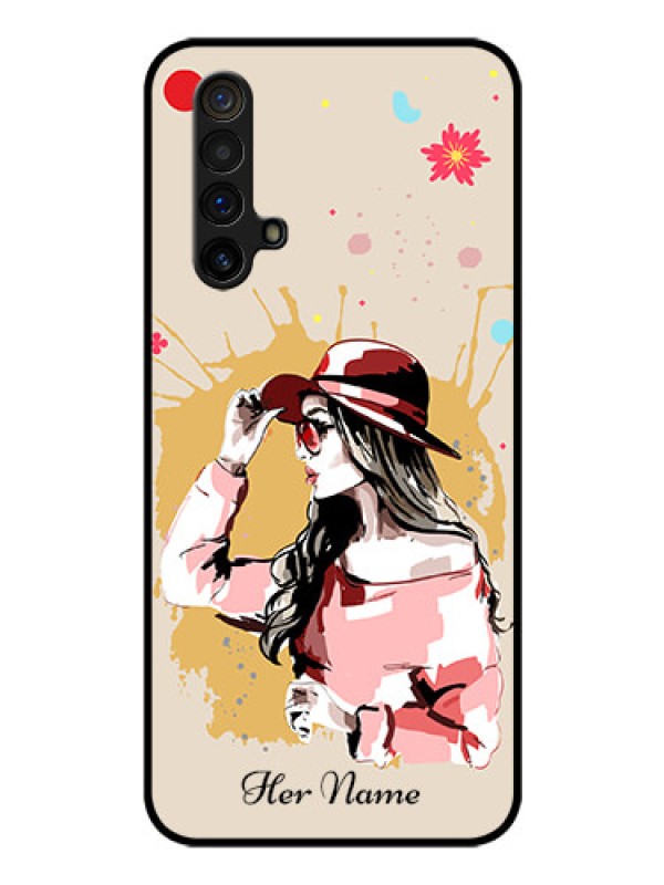 Custom Realme X3 Photo Printing on Glass Case - Women with pink hat Design