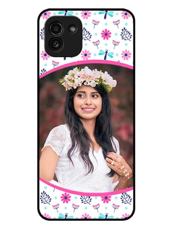 Custom Galaxy A03 Photo Printing on Glass Case - Colorful Flower Design