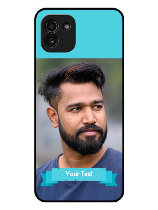 Custom Galaxy A03 Personalized Glass Phone Case - Simple Blue Color Design