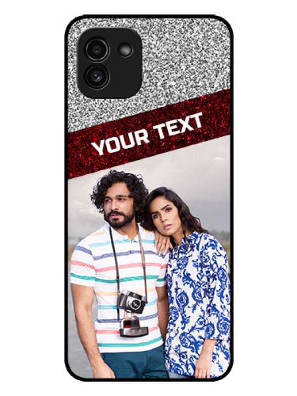 Custom Galaxy A03 Personalized Glass Phone Case - Image Holder with Glitter Strip Design