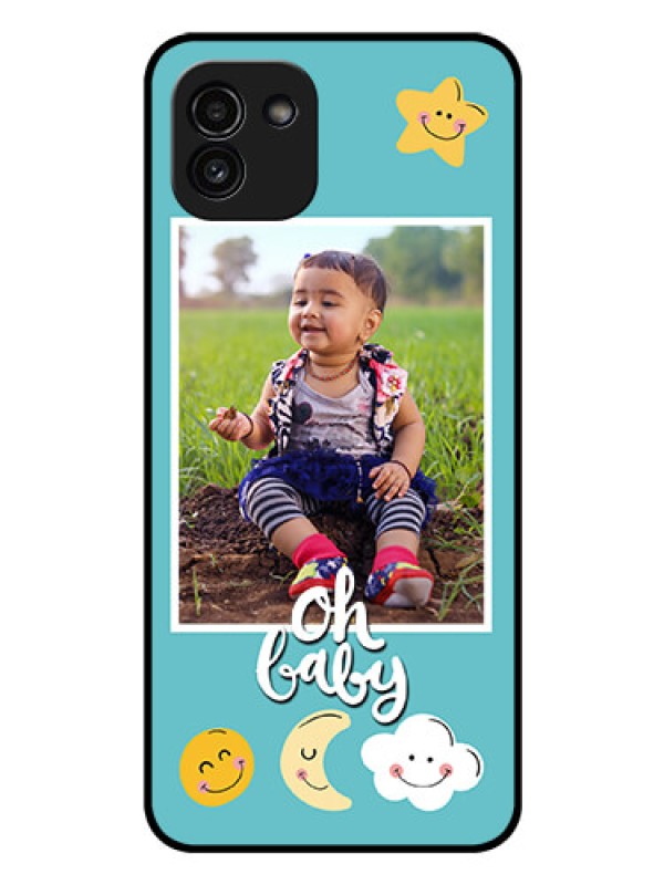 Custom Galaxy A03 Personalized Glass Phone Case - Smiley Kids Stars Design