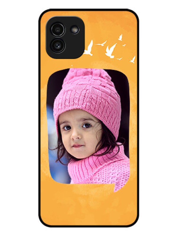 Custom Galaxy A03 Personalized Glass Phone Case - Water Color Design with Bird Icons