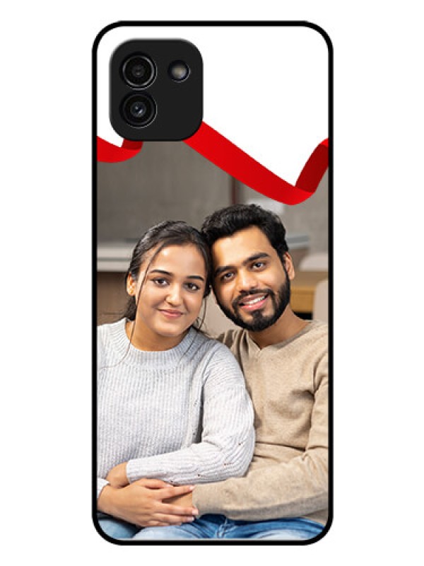 Custom Galaxy A03 Photo Printing on Glass Case - Red Ribbon Frame Design