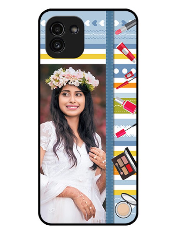 Custom Galaxy A03 Personalized Glass Phone Case - Makeup Icons Design
