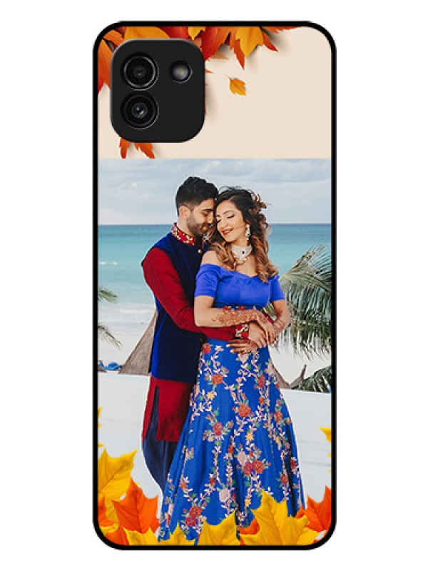Custom Galaxy A03 Photo Printing on Glass Case - Autumn Maple Leaves Design