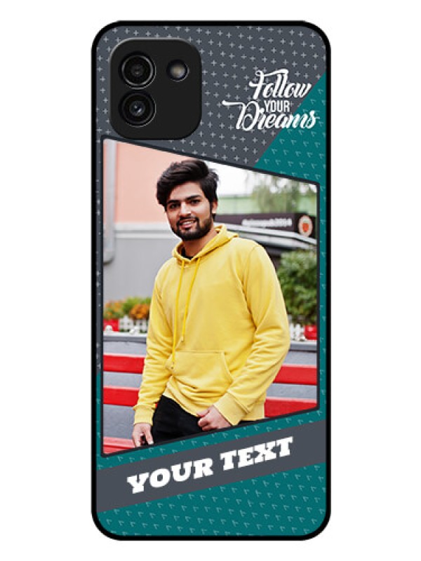 Custom Galaxy A03 Personalized Glass Phone Case - Background Pattern Design with Quote