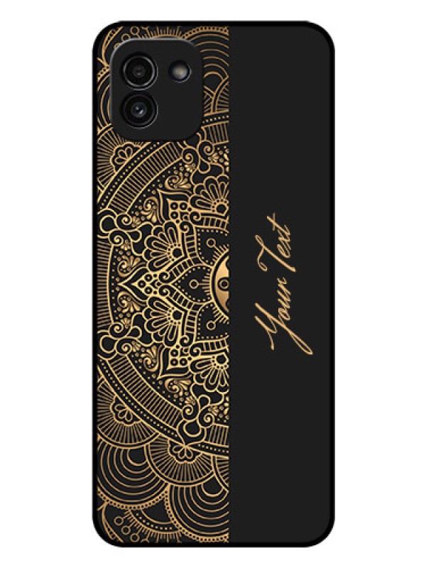 Custom Galaxy A03 Photo Printing on Glass Case - Mandala art with custom text Design