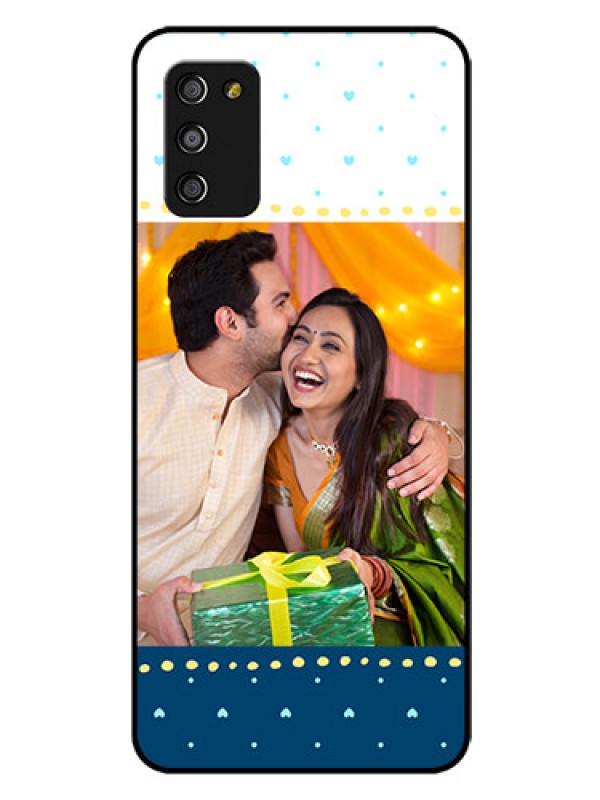 Custom Galaxy A03s Personalized Glass Phone Case - White and Blue Abstract Design