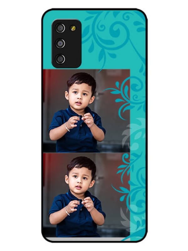 Custom Galaxy A03s Personalized Glass Phone Case - with Photo and Green Floral Design 