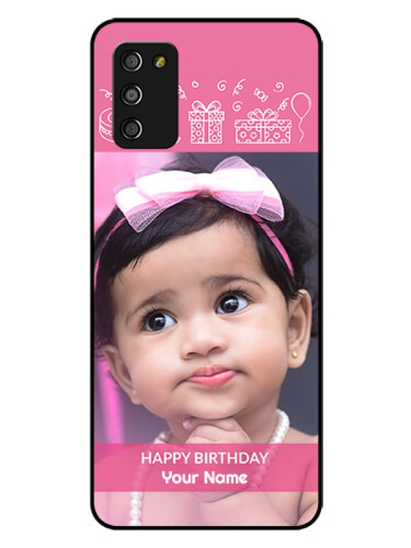 Custom Galaxy A03s Photo Printing on Glass Case - with Birthday Line Art Design
