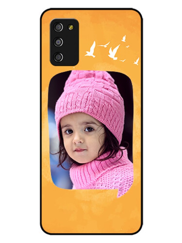 Custom Galaxy A03s Personalized Glass Phone Case - Water Color Design with Bird Icons