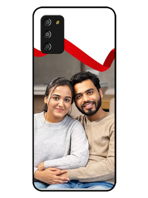 Custom Galaxy A03s Photo Printing on Glass Case - Red Ribbon Frame Design