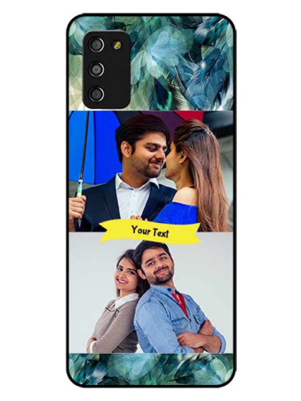 Custom Galaxy A03s Personalized Glass Phone Case - Image with Boho Peacock Feather Design