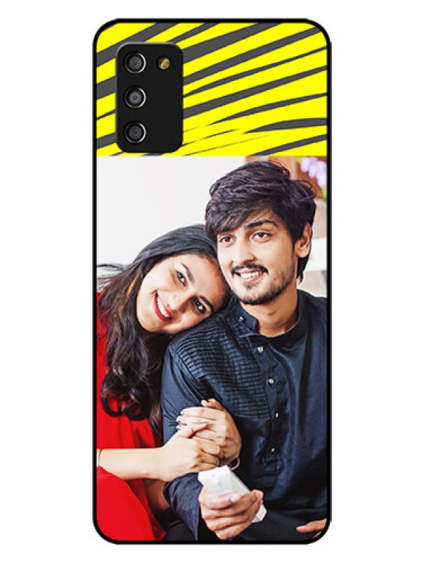 Custom Galaxy A03s Photo Printing on Glass Case - Yellow Abstract Design