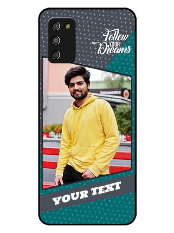 Custom Galaxy A03s Personalized Glass Phone Case - Background Pattern Design with Quote