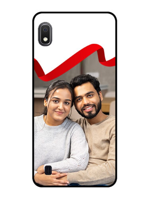Custom Galaxy A10 Photo Printing on Glass Case - Red Ribbon Frame Design