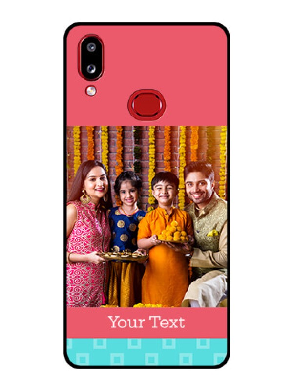 Custom Galaxy A10s Personalized Glass Phone Case - Peach & Blue Color Design
