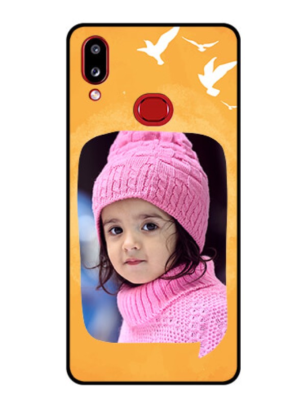 Custom Galaxy A10s Personalized Glass Phone Case - Water Color Design with Bird Icons