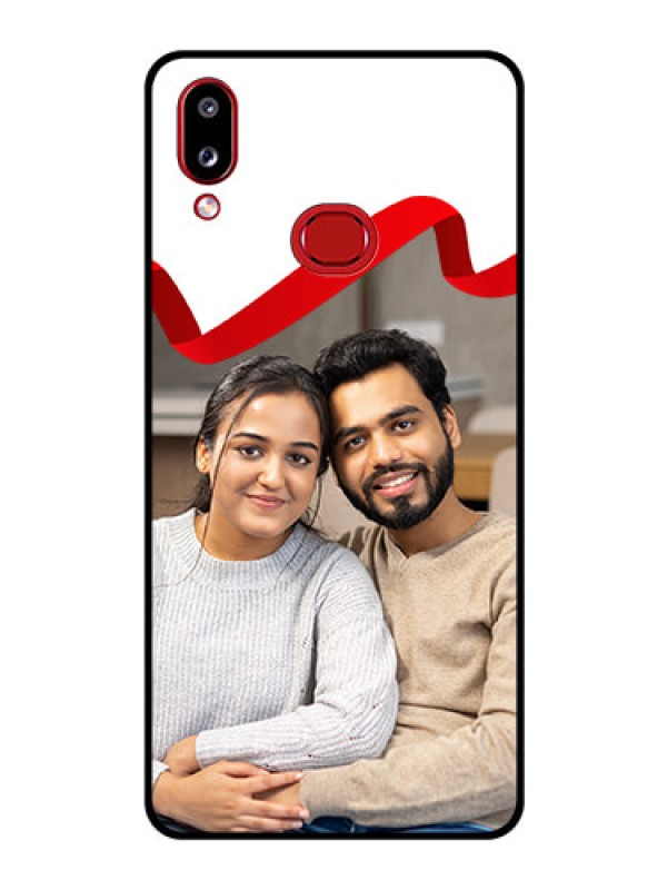 Custom Galaxy A10s Photo Printing on Glass Case - Red Ribbon Frame Design