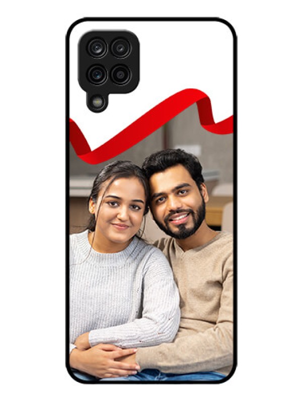 Custom Galaxy A12 Photo Printing on Glass Case - Red Ribbon Frame Design