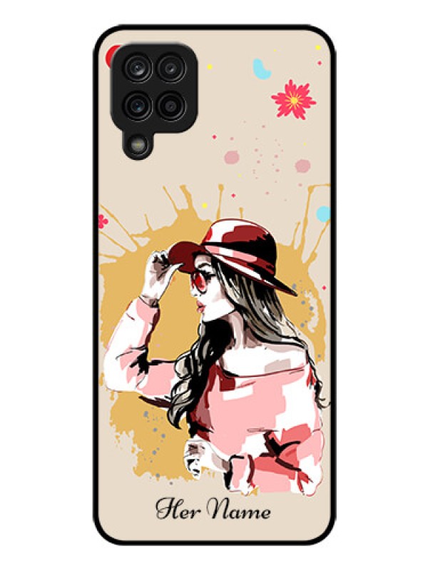 Custom Galaxy A12 Photo Printing on Glass Case - Women with pink hat Design
