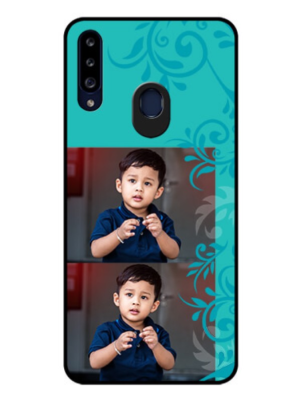Custom Galaxy A20s Personalized Glass Phone Case - with Photo and Green Floral Design