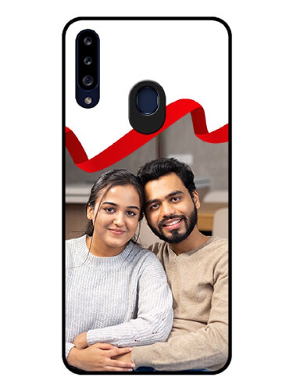 Custom Galaxy A20s Photo Printing on Glass Case - Red Ribbon Frame Design
