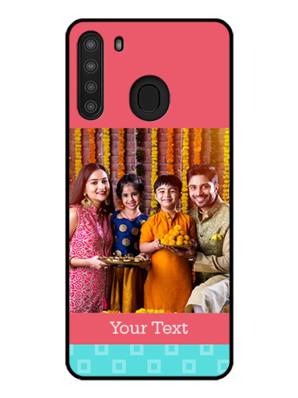 Custom Galaxy A21 Personalized Glass Phone Case - Peach & Blue Color Design