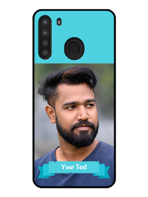 Custom Galaxy A21 Personalized Glass Phone Case - Simple Blue Color Design