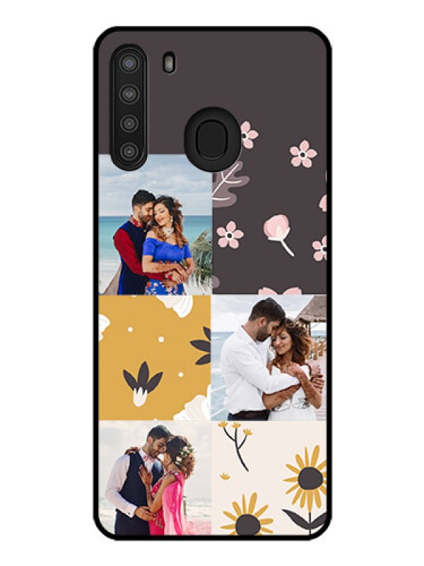 Custom Galaxy A21 Photo Printing on Glass Case - 3 Images with Floral Design