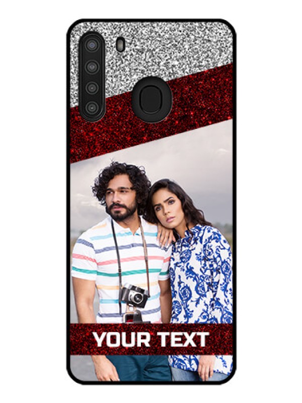 Custom Galaxy A21 Personalized Glass Phone Case - Image Holder with Glitter Strip Design