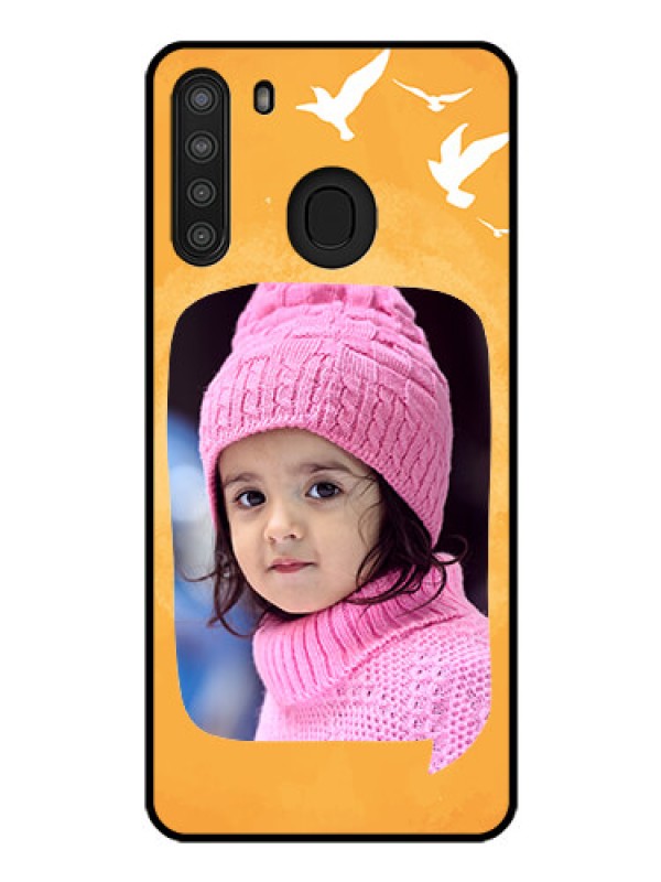 Custom Galaxy A21 Personalized Glass Phone Case - Water Color Design with Bird Icons