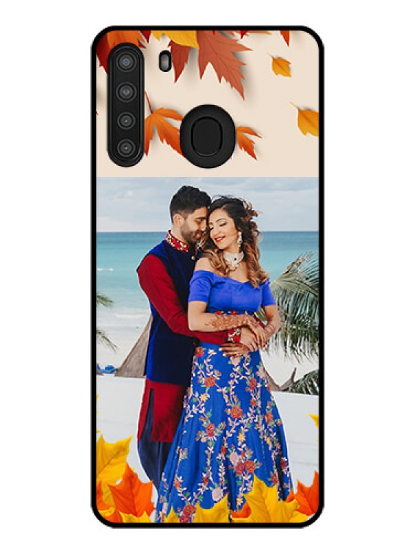 Custom Galaxy A21 Photo Printing on Glass Case - Autumn Maple Leaves Design