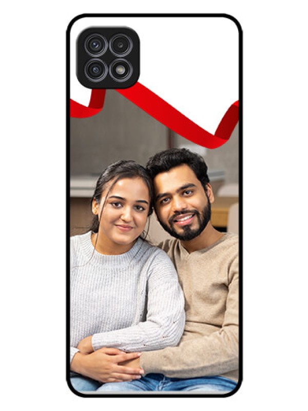 Custom Galaxy A22 5G Photo Printing on Glass Case - Red Ribbon Frame Design