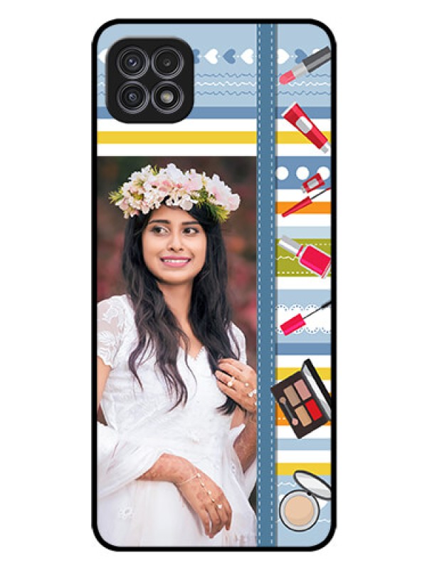 Custom Galaxy A22 5G Personalized Glass Phone Case - Makeup Icons Design