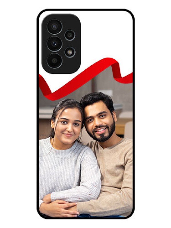 Custom Galaxy A23 4G Photo Printing on Glass Case - Red Ribbon Frame Design
