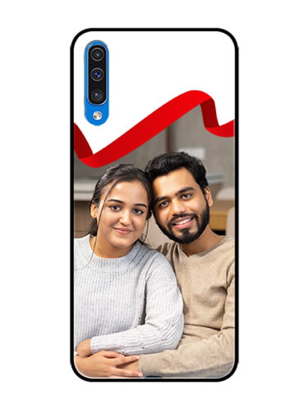 Custom Galaxy A30s Photo Printing on Glass Case  - Red Ribbon Frame Design