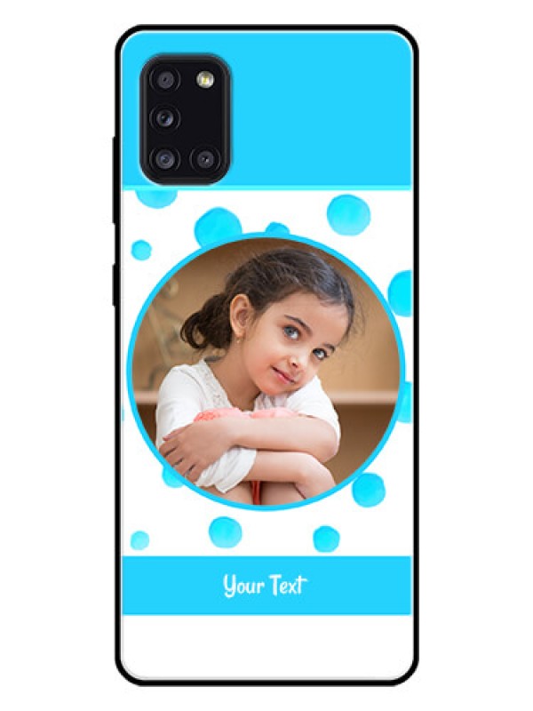 Custom Galaxy A31 Photo Printing on Glass Case  - Blue Bubbles Pattern Design