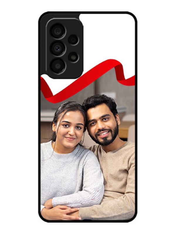 Custom Galaxy A33 5G Photo Printing on Glass Case - Red Ribbon Frame Design