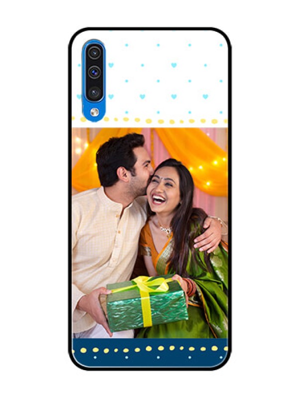 Custom Samsung Galaxy A50 Personalized Glass Phone Case  - White and Blue Abstract Design