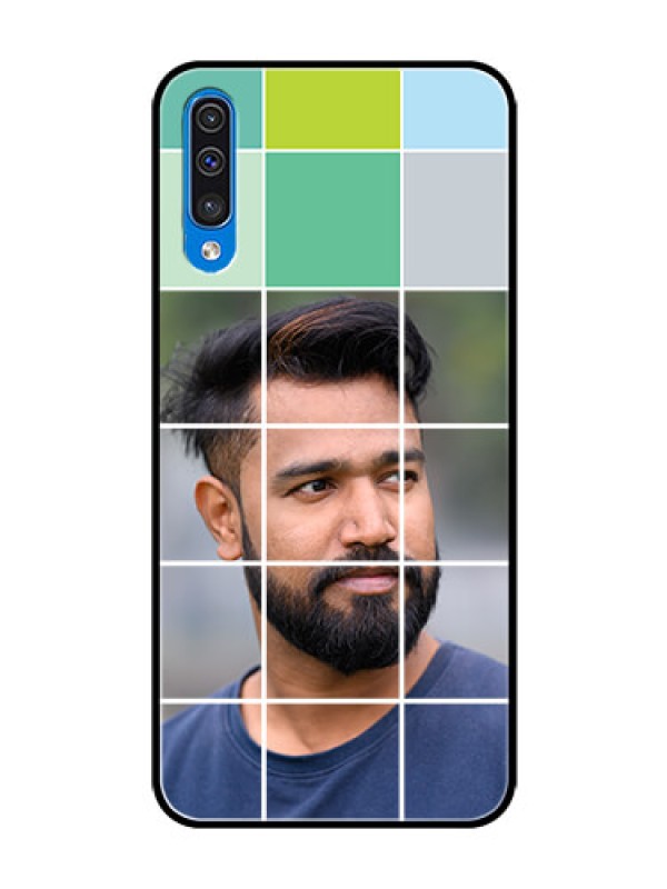 Custom Samsung Galaxy A50 Photo Printing on Glass Case  - with white box pattern 