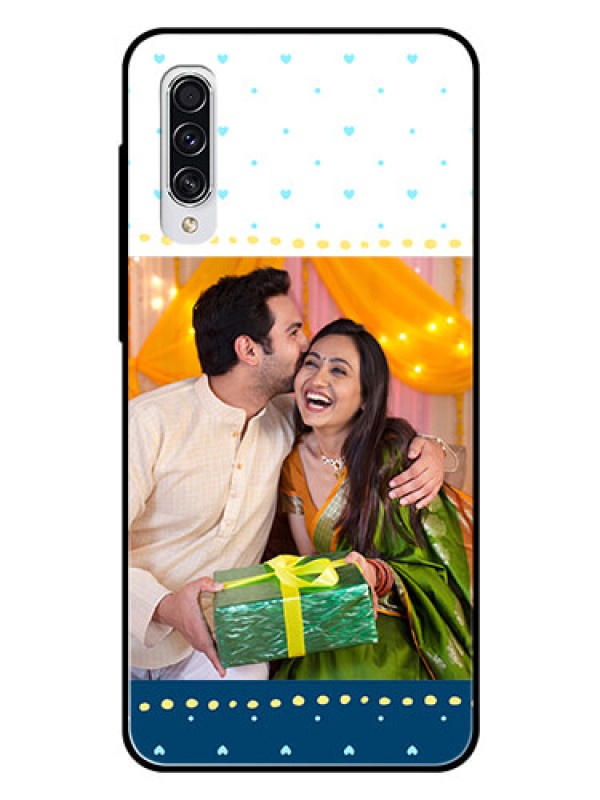 Custom Samsung Galaxy A70 Personalized Glass Phone Case  - White and Blue Abstract Design