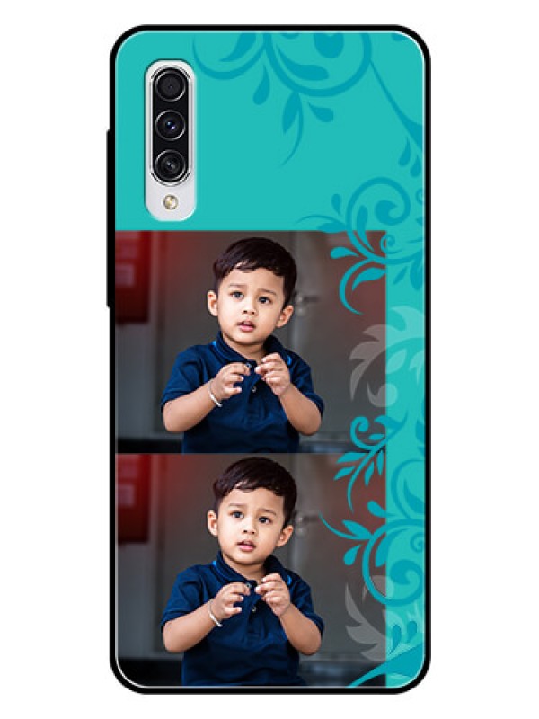 Custom Samsung Galaxy A70 Personalized Glass Phone Case  - with Photo and Green Floral Design 