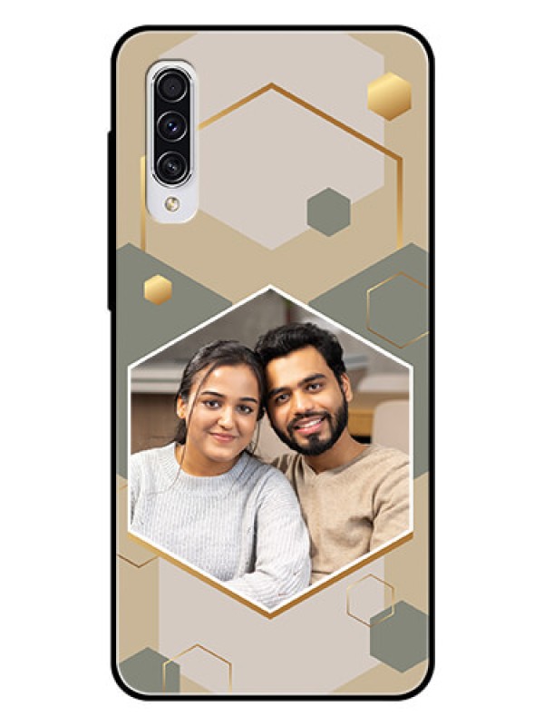 Custom Galaxy A70 Photo Printing on Glass Case - Stylish Hexagon Pattern Design