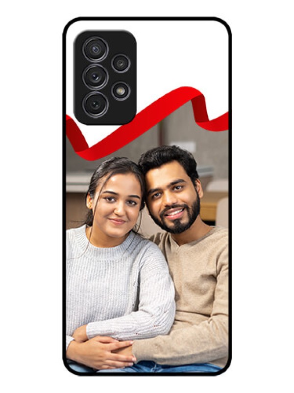 Custom Galaxy A72 Photo Printing on Glass Case - Red Ribbon Frame Design