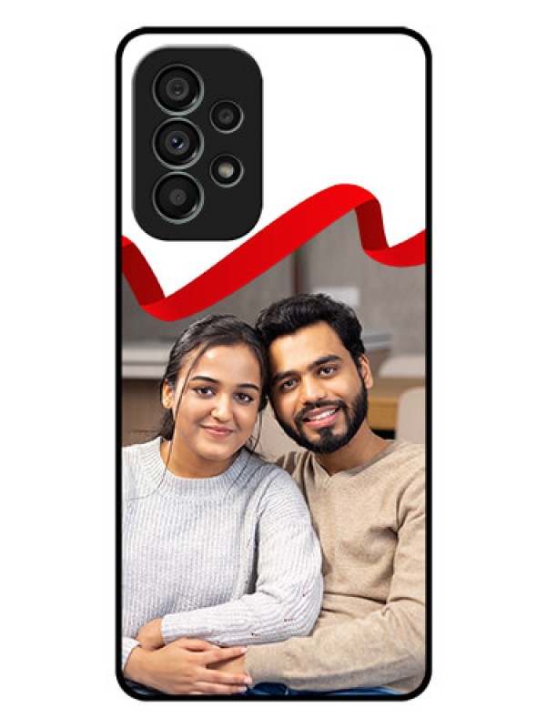 Custom Galaxy A73 5G Photo Printing on Glass Case - Red Ribbon Frame Design