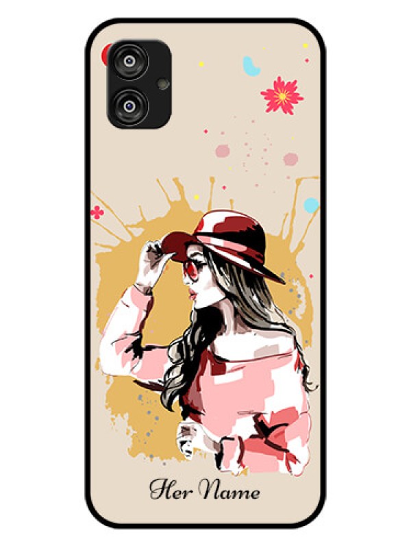 Custom Galaxy F04 Photo Printing on Glass Case - Women with pink hat Design