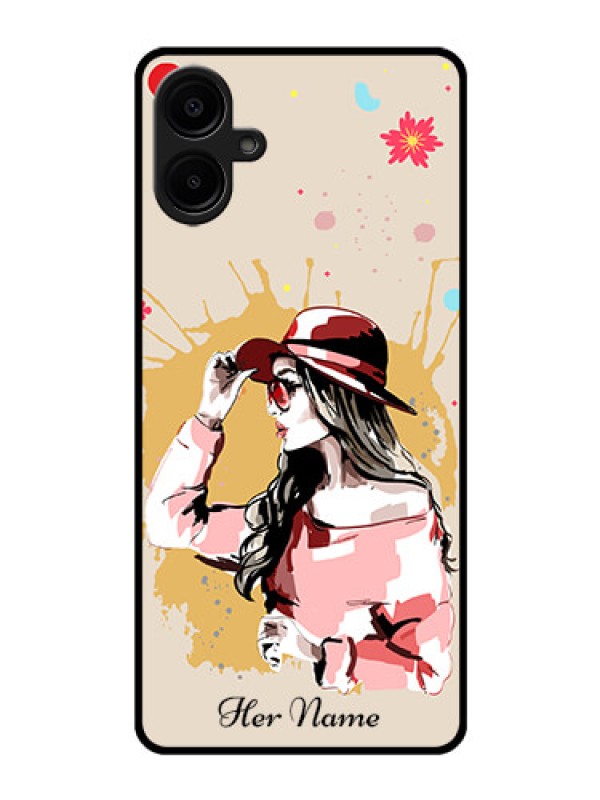Custom Galaxy F06 Custom Glass Phone Case - Women With Pink Hat Design