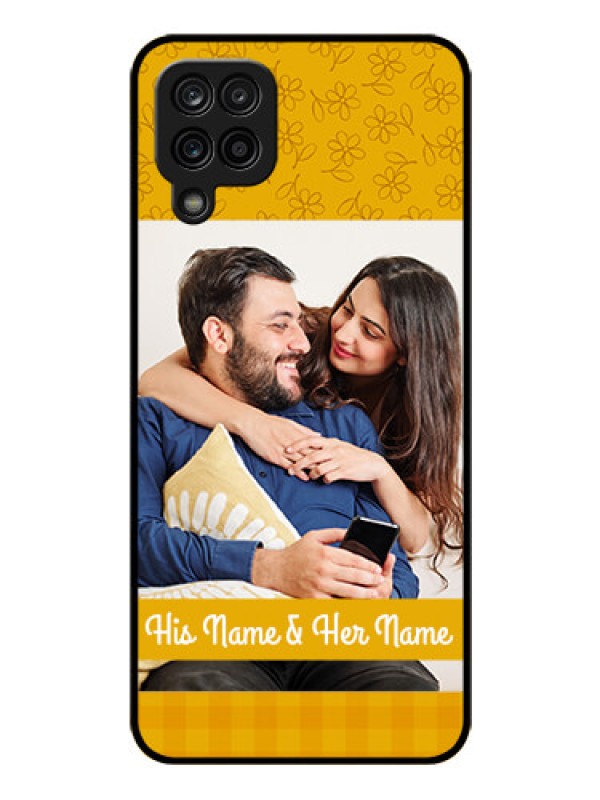 Custom Galaxy F12 Custom Glass Mobile Case - Yellow Floral Design